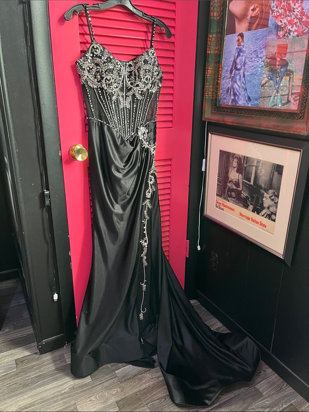 Black Beaded Evening Gown with Silver Embellishment - Picture 3 of 17